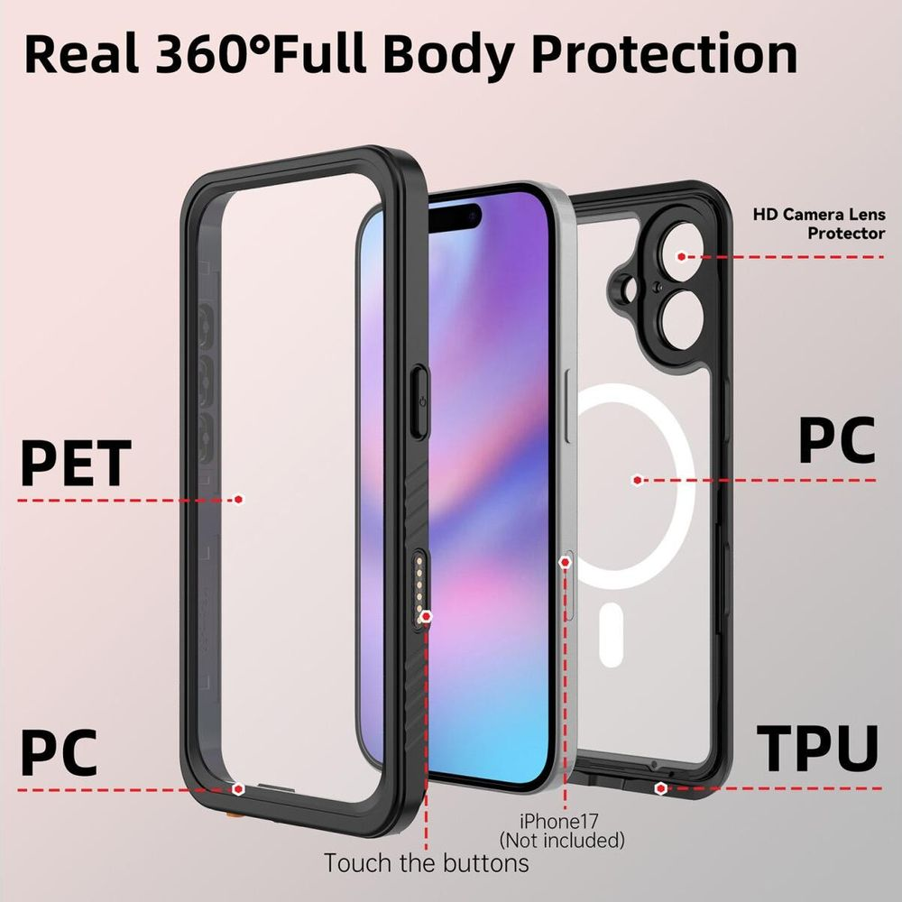 Coque pour iPhone 17 en PET, PC et TPU avec protecteur d'objectif.