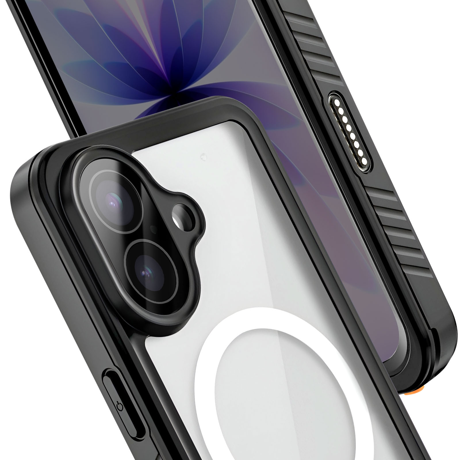 Gros plan d'une coque de téléphone noire avec dos transparent. Double appareil photo.