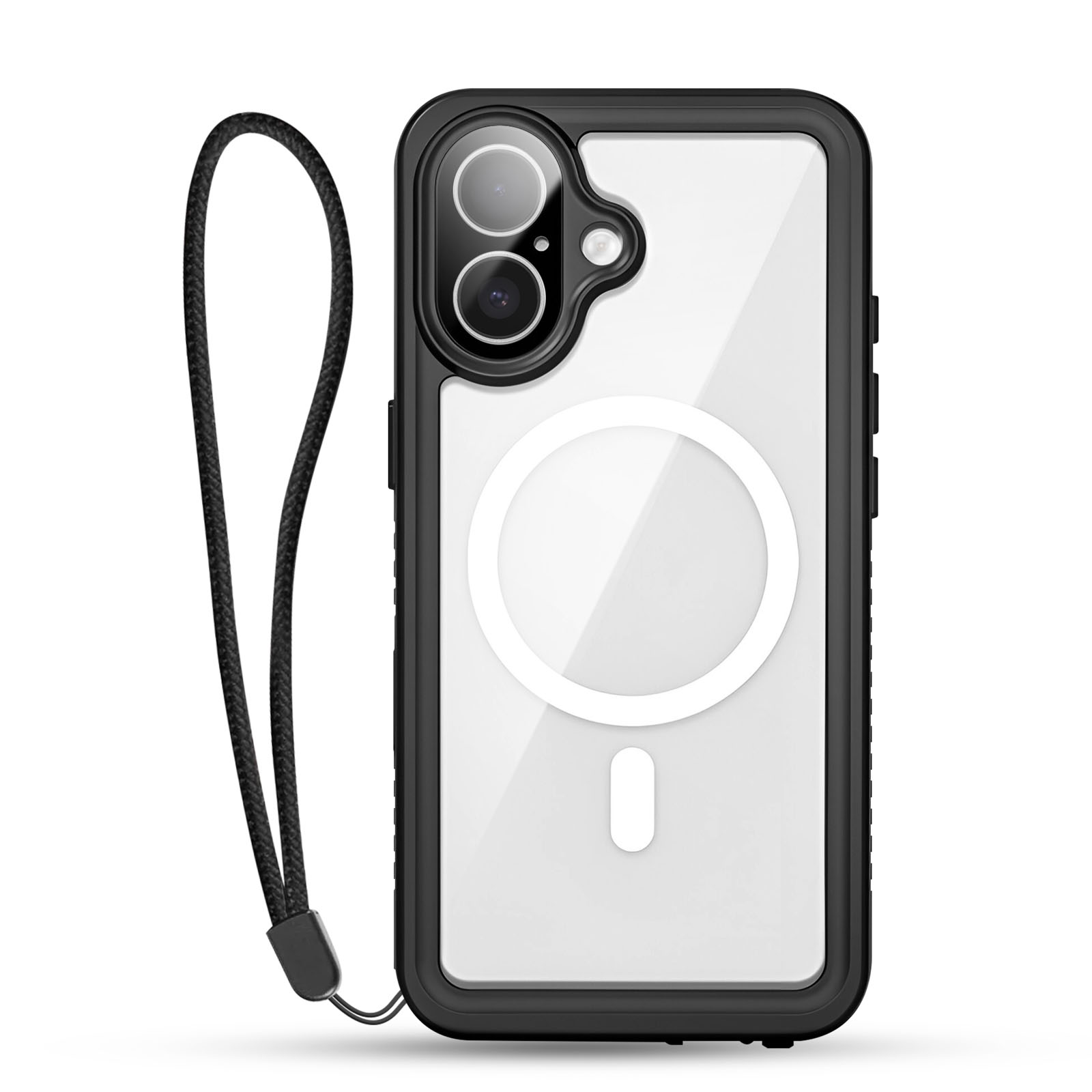 Coque de téléphone noire avec lanière, appareil photo et cercle blanc au dos.