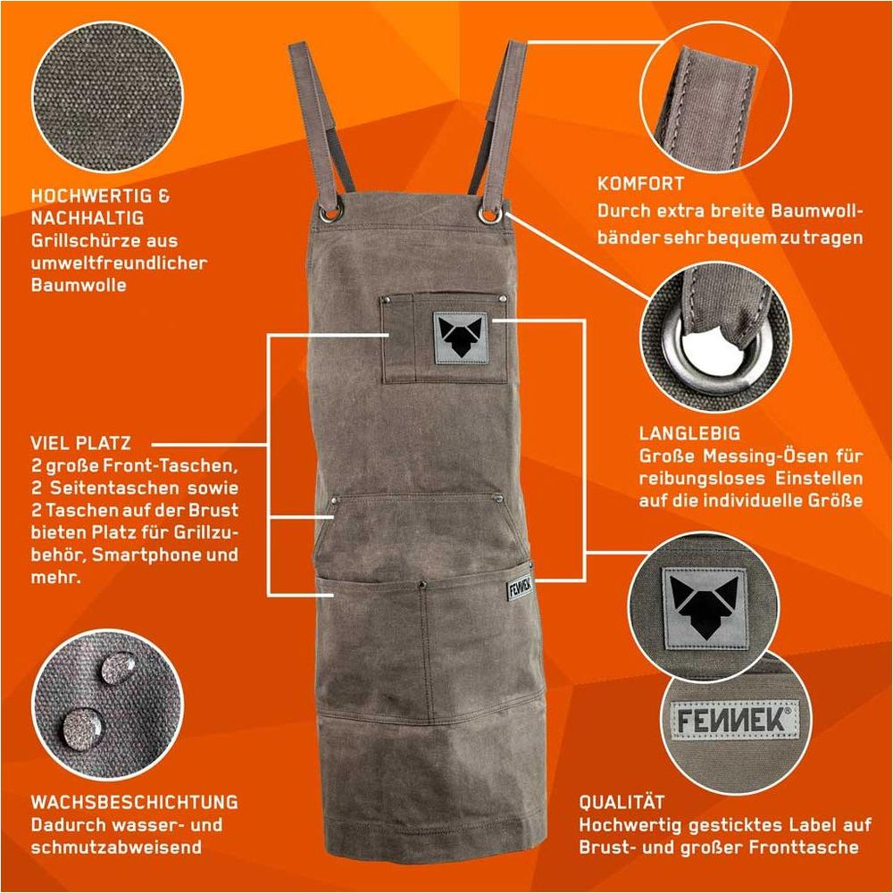 Un tablier gris avec plusieurs poches, bretelles et logos. Les détails soulignent le matériau, le confort et la durabilité.