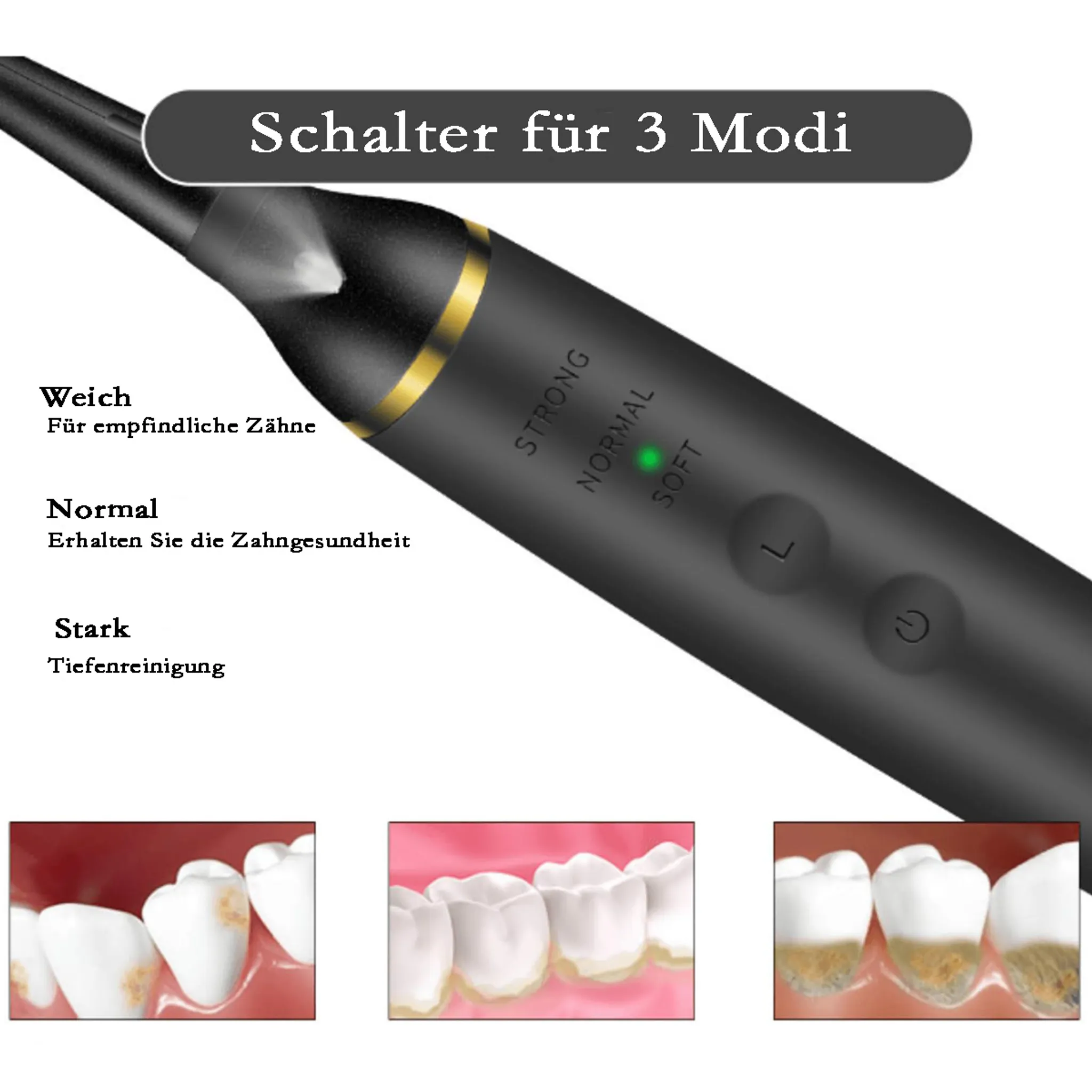 Schwarze Zahnbürste mit drei Modi: Stark, Normal, Soft. Zeigt Zähne.