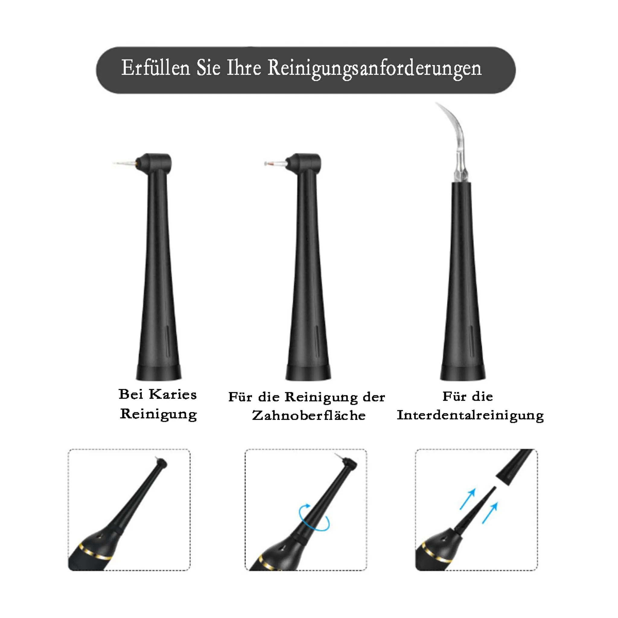 Drei Dentalwerkzeuge zur Zahnreinigung mit Beschriftungen.
