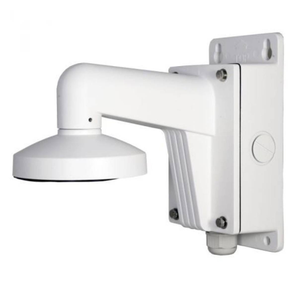 Supporto a parete bianco per telecamera di sicurezza con braccio regolabile.