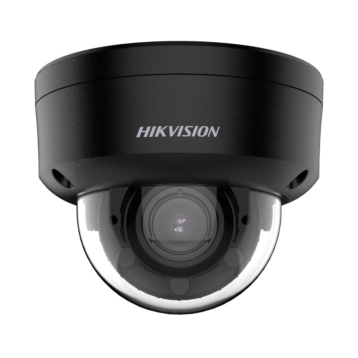 Una telecamera di sicurezza a cupola Hikvision nera isolata su sfondo bianco.