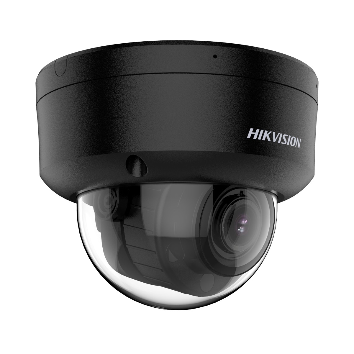 Una telecamera dome Hikvision nera con alloggiamento trasparente.