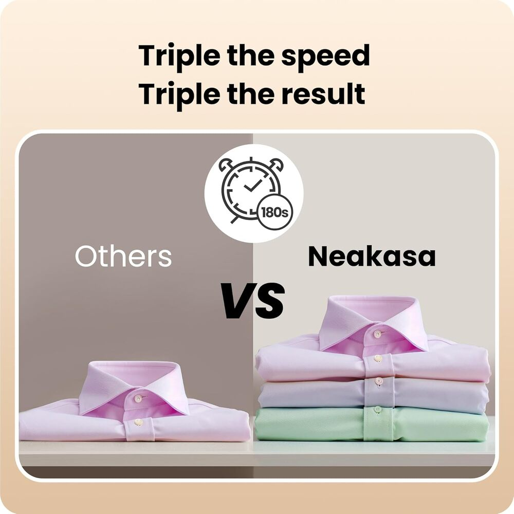 Confronto camicie: Altri vs. Neakasa. Una camicia a sinistra, tre impilate a destra.