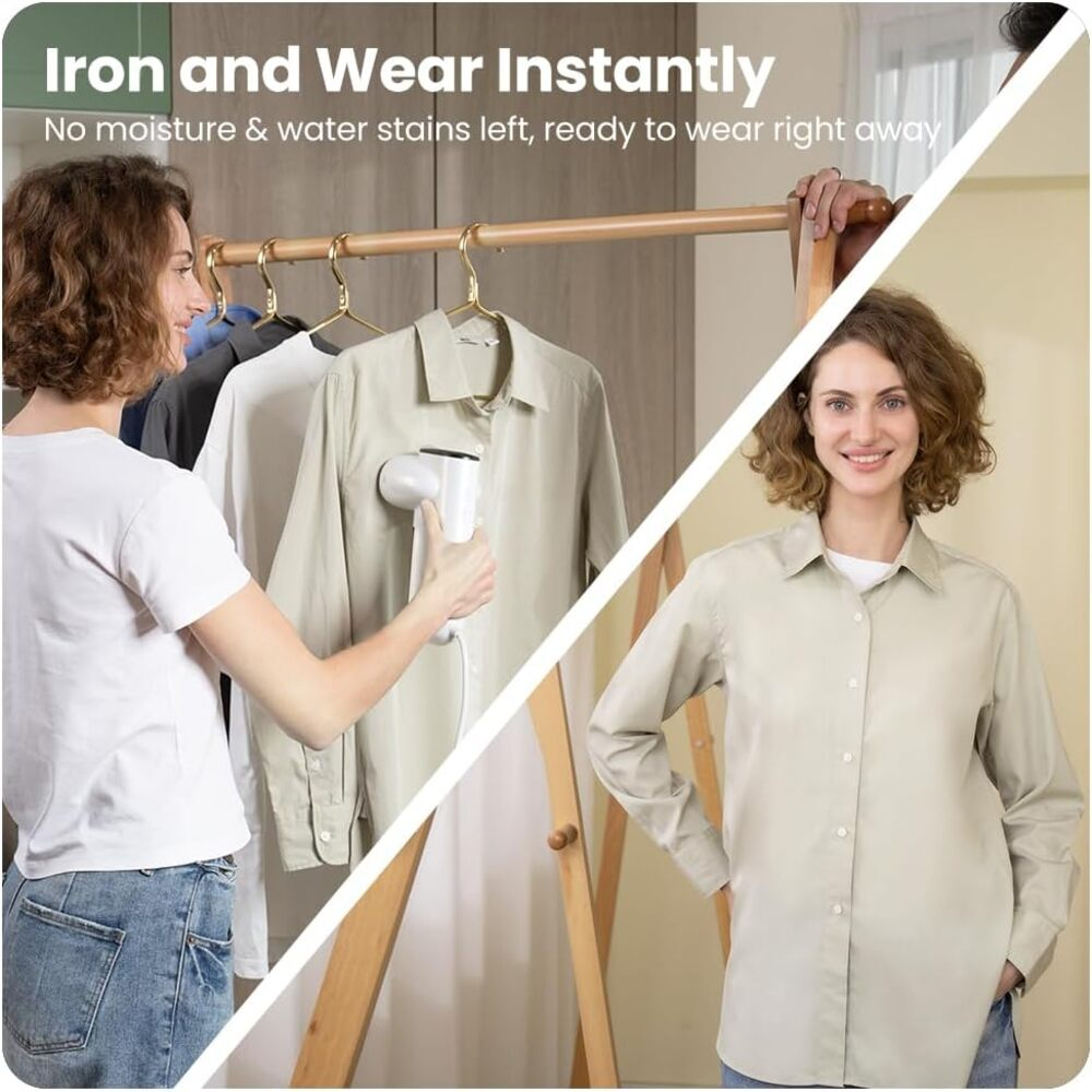 Donna stira camicia su appendiabiti; altra donna indossa camicia stirata.