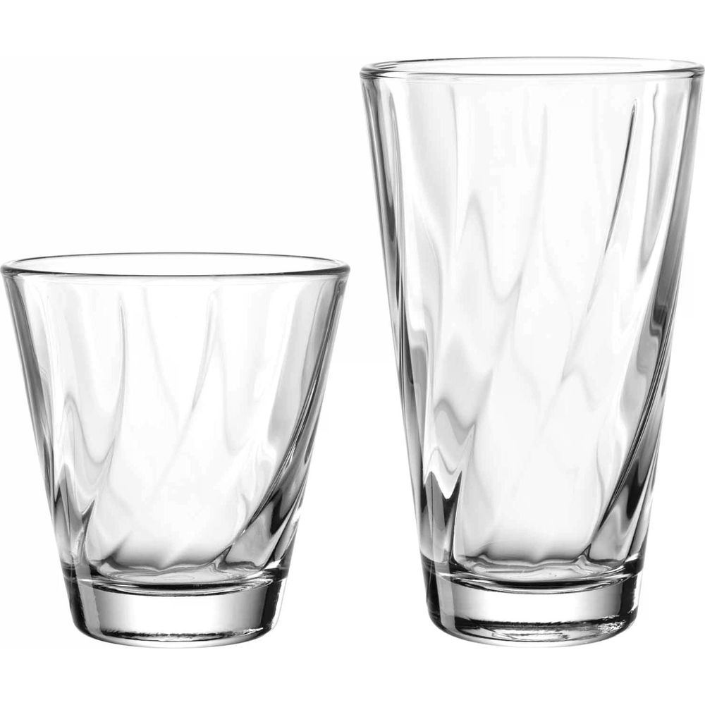 Zwei transparente Gläser mit gedrehtem Muster, ein kurzes und ein langes.