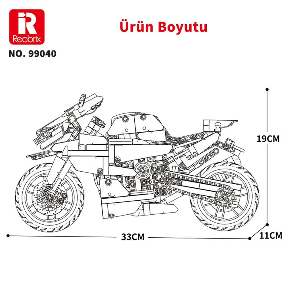 Oyuncak motosiklet kiti çizimi, boyutlar gösteriliyor: 33cm uzunluk, 19cm yükseklik, 11cm genişlik.