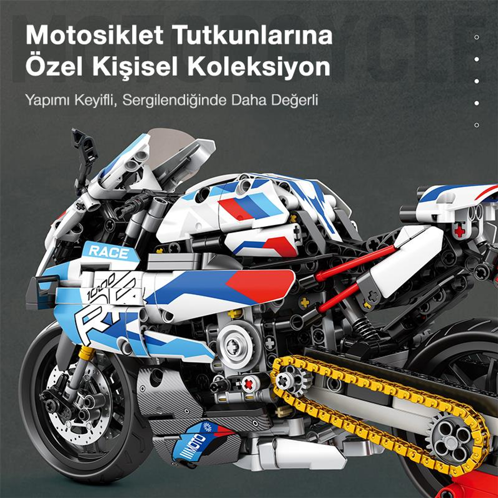 Detaylı mekanik parçalara ve çıkartmalara sahip beyaz, mavi ve kırmızı model motosiklet.