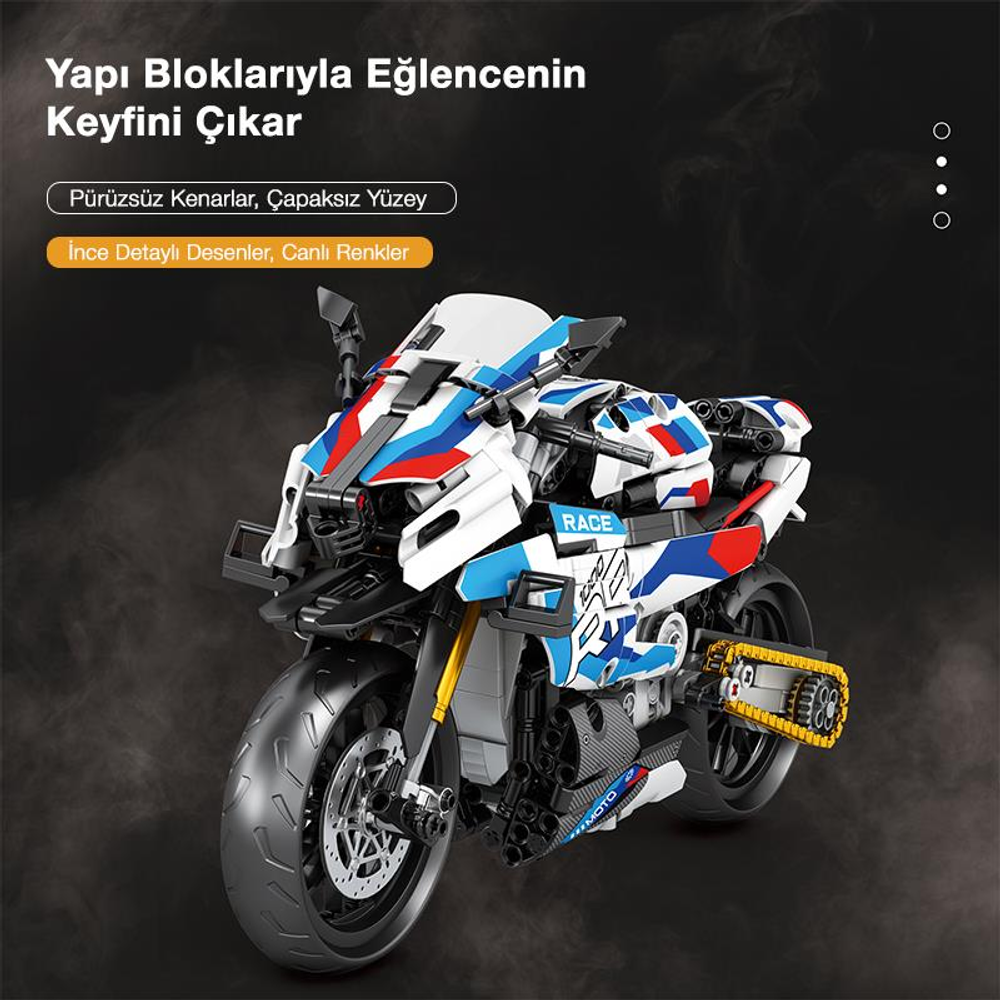 Mavi, kırmızı ve beyaz çıkartmalı, detaylı, renkli oyuncak motosiklet.