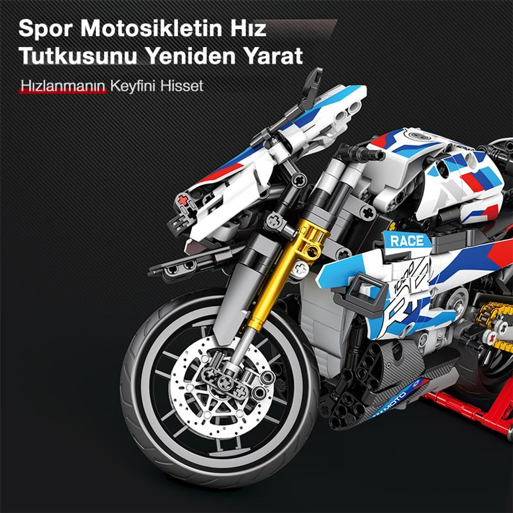 Sarı amortisörlü, beyaz, mavi ve kırmızı renklerde detaylı yarış motosikleti modeli.