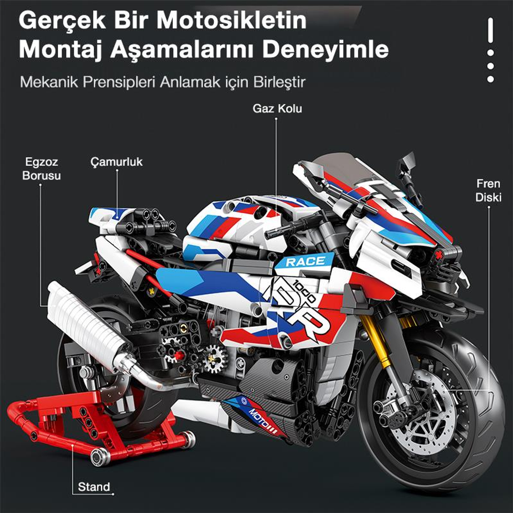 Egzoz, çamurluk, gaz kolu ve fren diski etiketli detaylı bir model motosiklet.