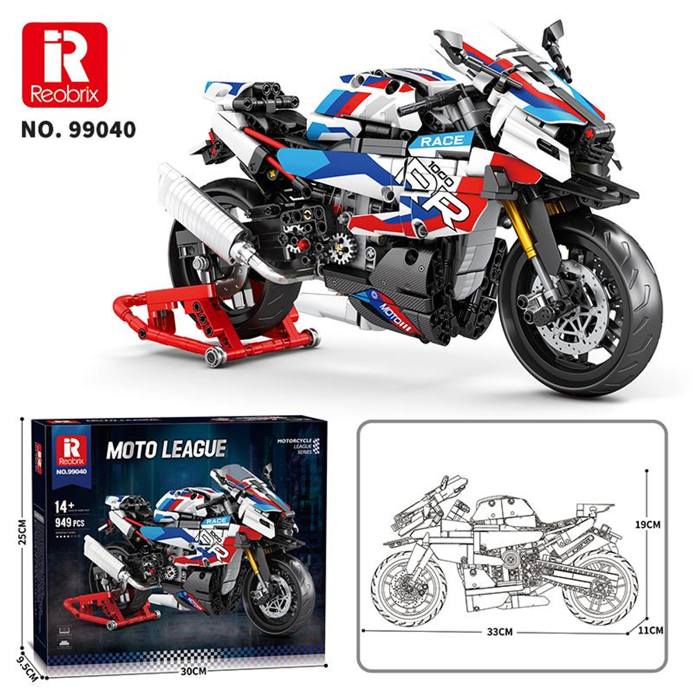 Reobrix oyuncak motosiklet modeli 99040. Kutu ve monte edilmiş model gösteriliyor.