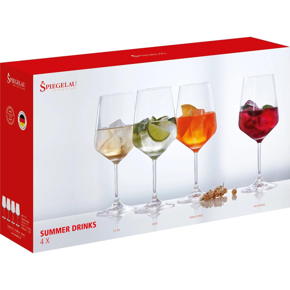 Vier Spiegelau Weingläser mit Sommergetränken: Eistee, Hugo, Aperol Spritz und Tocco Rosso.