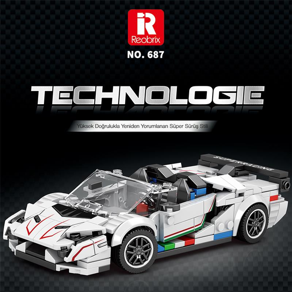 Kırmızı vurgulara ve şeffaf ön cama sahip beyaz Lego spor araba modeli.