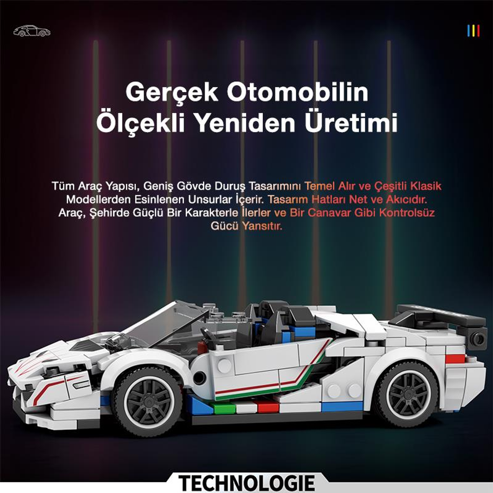 Kırmızı ve yeşil şeritli beyaz Lego spor araba modeli. Koyu arka plan.