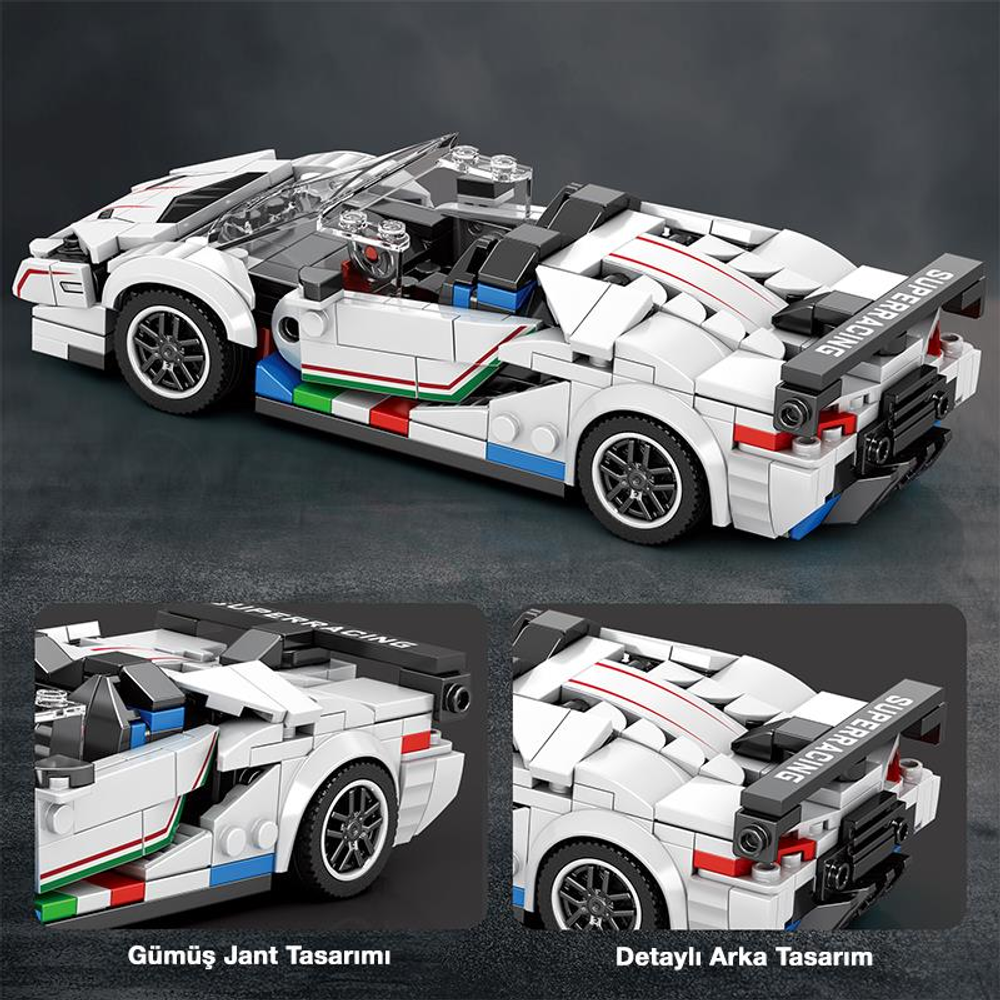 Kırmızı, yeşil ve mavi şeritli, spoylerli beyaz bir Lego yarış arabası.