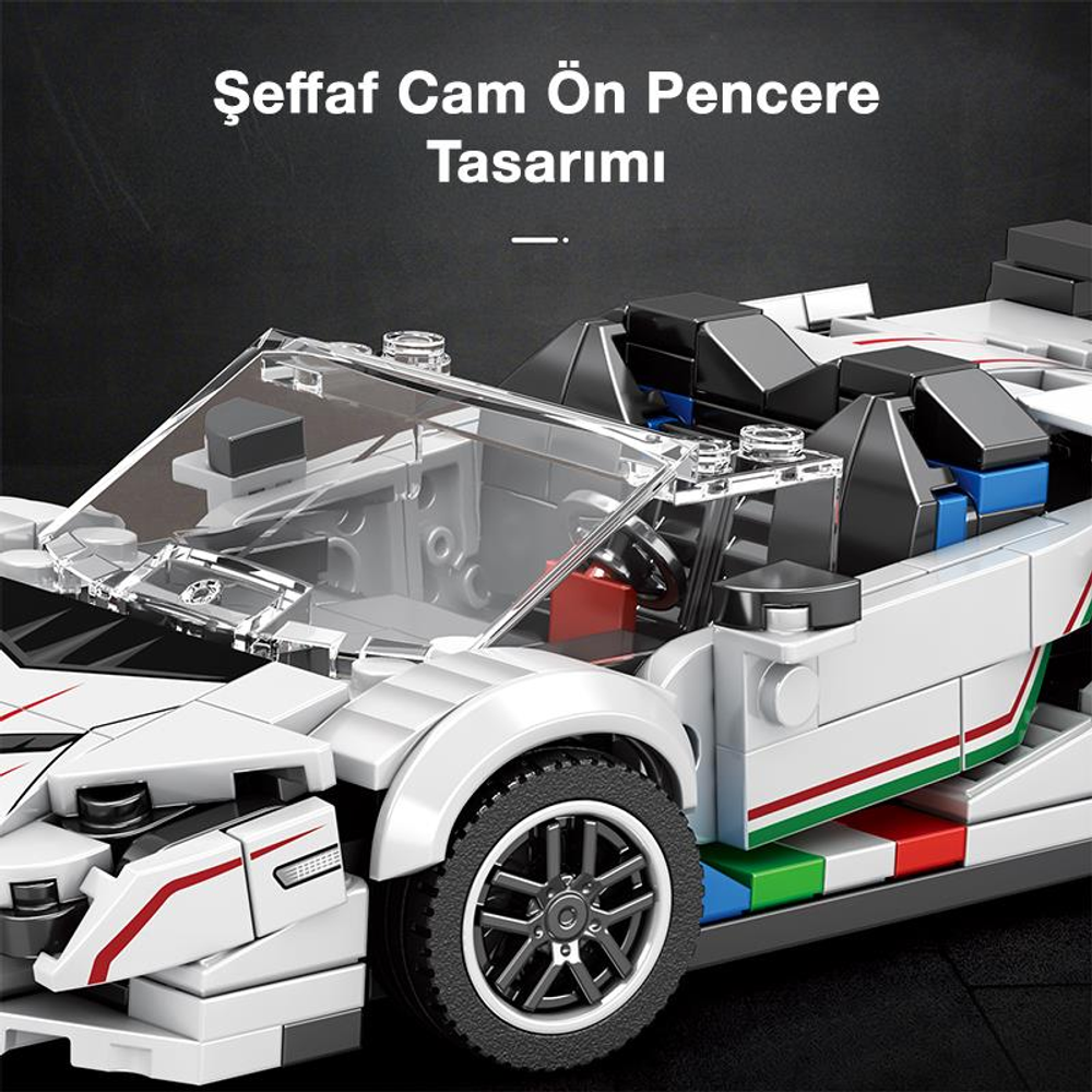 Şeffaf tavanlı, kırmızı ve yeşil detaylı beyaz Lego araba.