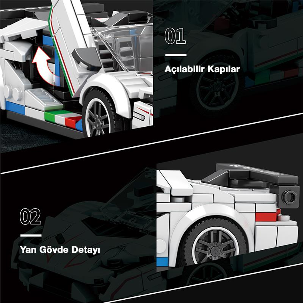 Açık kapılı ve yan detaylı beyaz Lego araba.