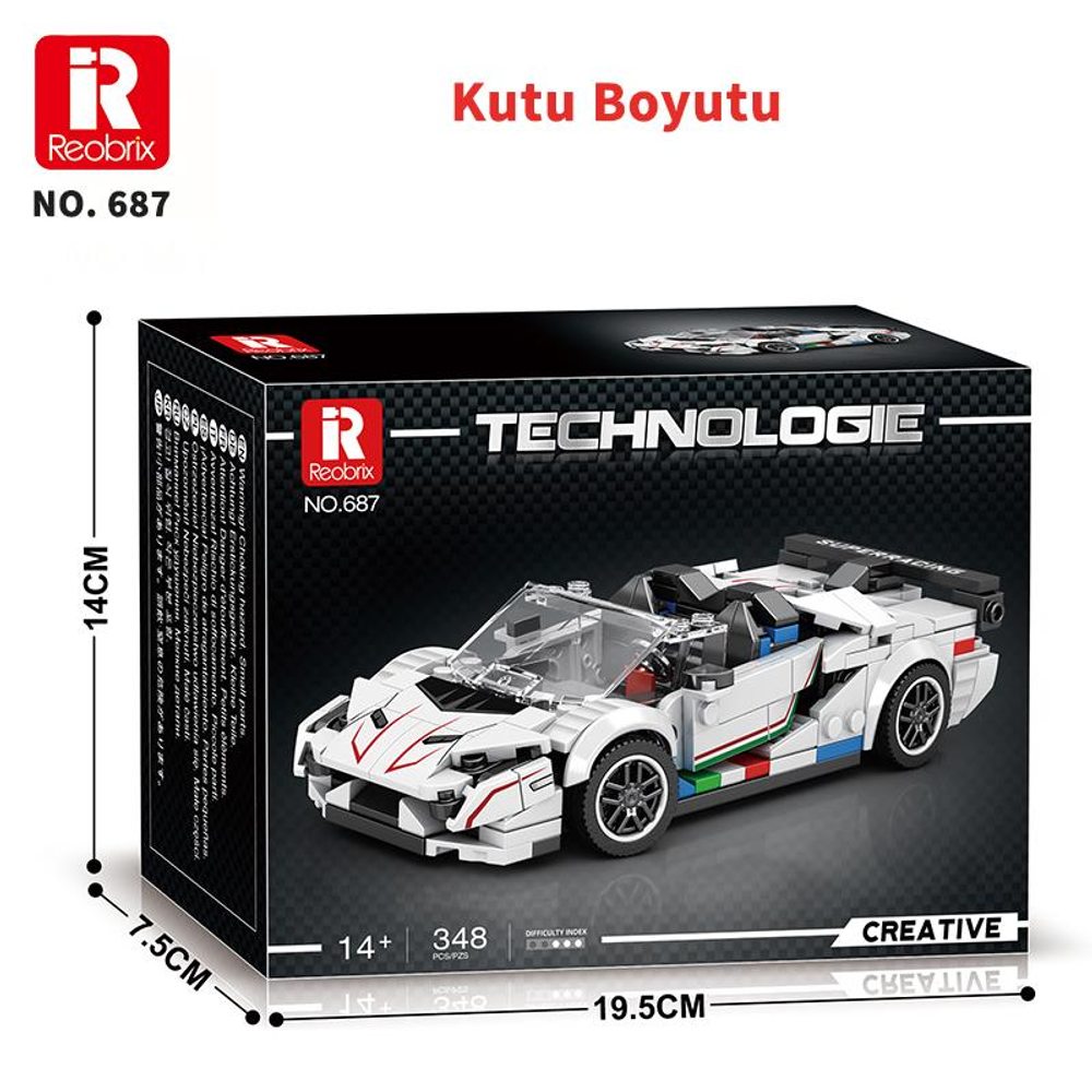 Reobrix logolu ve 687 model numaralı beyaz oyuncak spor araba kutusu.