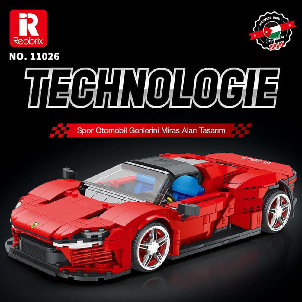 Detaylı tekerlek ve iç kısma sahip kırmızı Lego süper araba modeli.