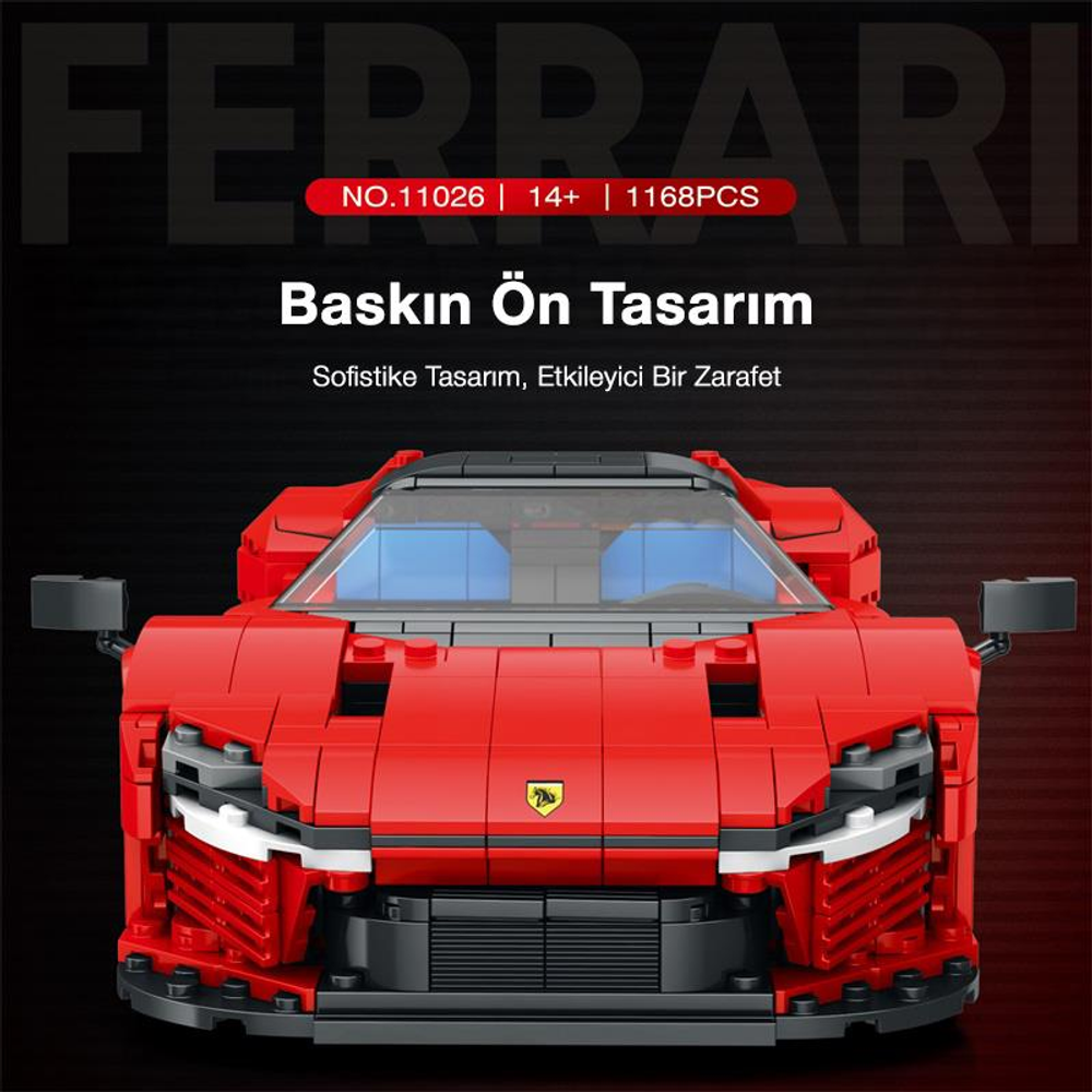 Mavi pencereli ve siyah detaylı kırmızı, tuğla yapılı Ferrari model araba.