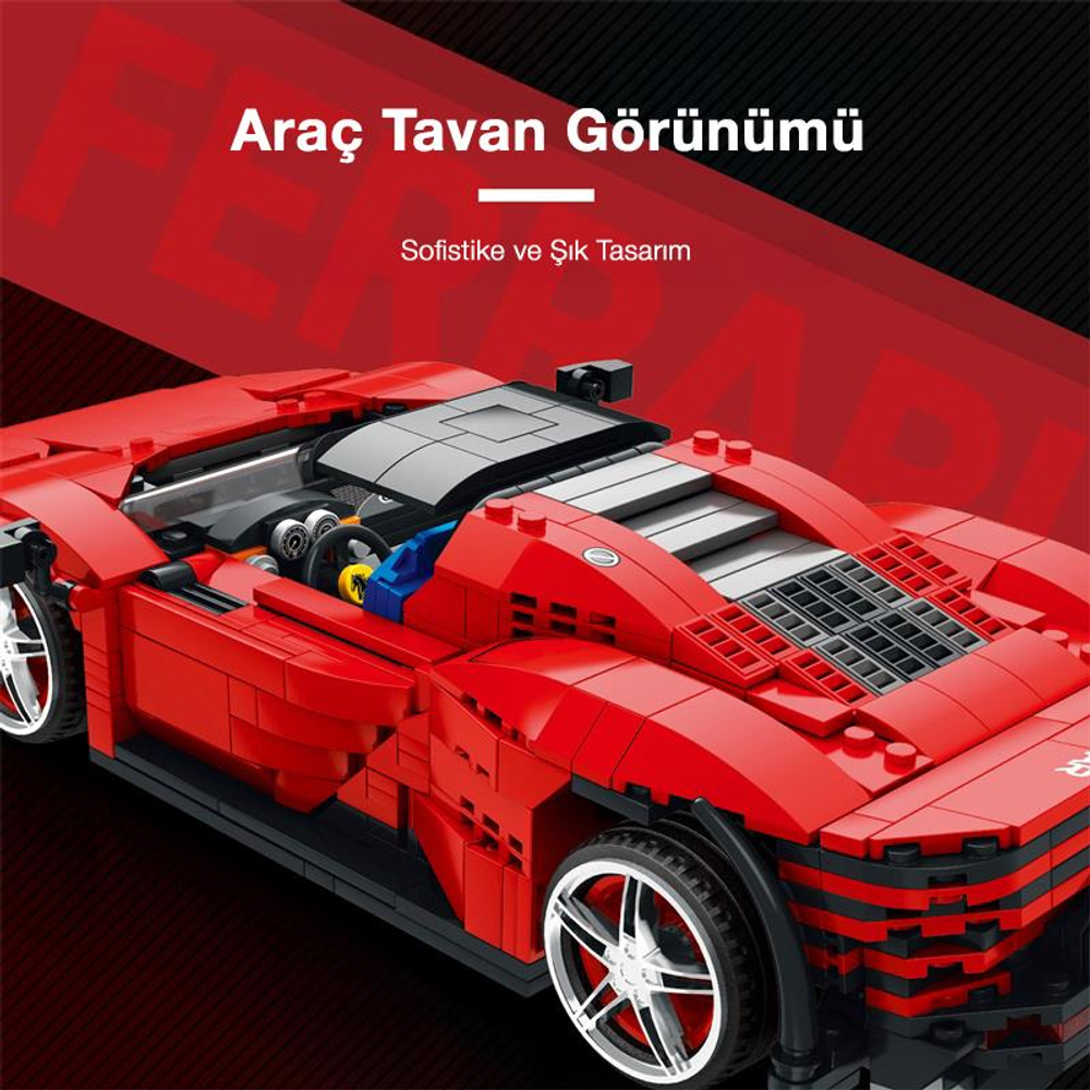 İçini gösteren açık tavanlı kırmızı bir Lego spor araba modeli.