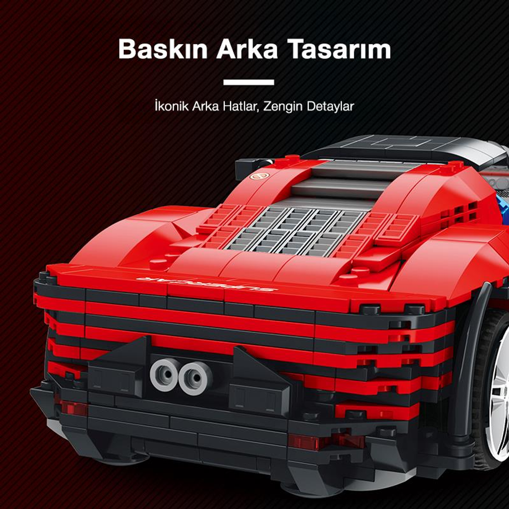 Siyah vurgulu, detaylı arkaya sahip kırmızı Lego araba. Üstte bir ızgara.