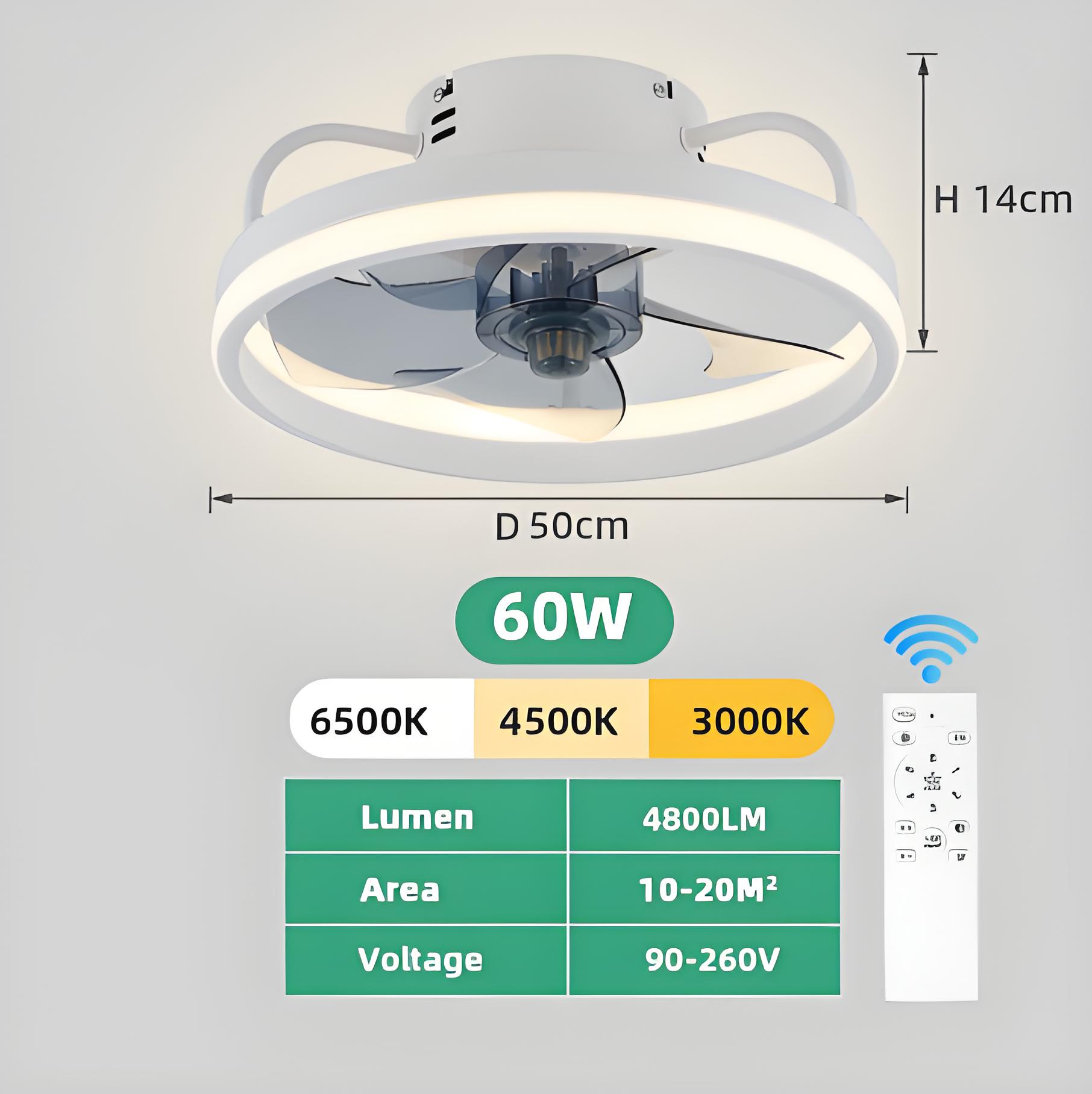 Weiße Deckenleuchte mit Ventilator, 60W, 50cm Durchmesser, 14cm Höhe.