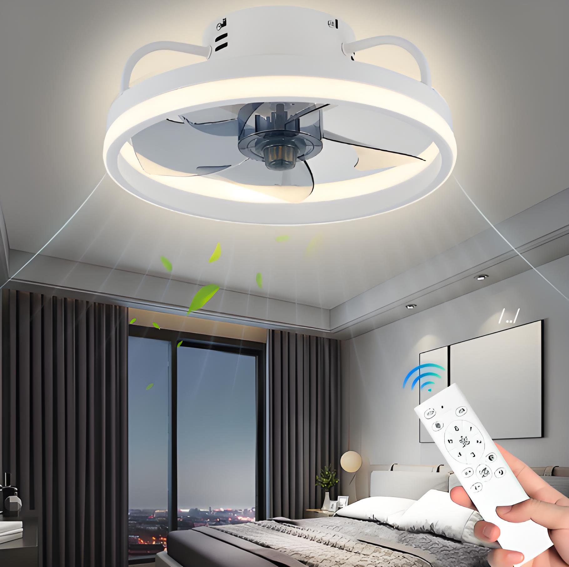 Eine weiße Deckenventilator-Lampe mit Fernbedienung in einem Schlafzimmer.