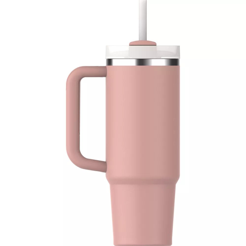 Eine rosafarbene Thermoskanne mit Griff und Strohhalm auf weißem Hintergrund.