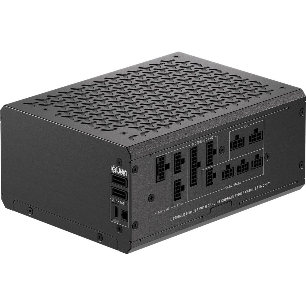 Alimentatore PC nero con porte etichettate per Motherboard, CPU, SATA/PATA, PCIe.