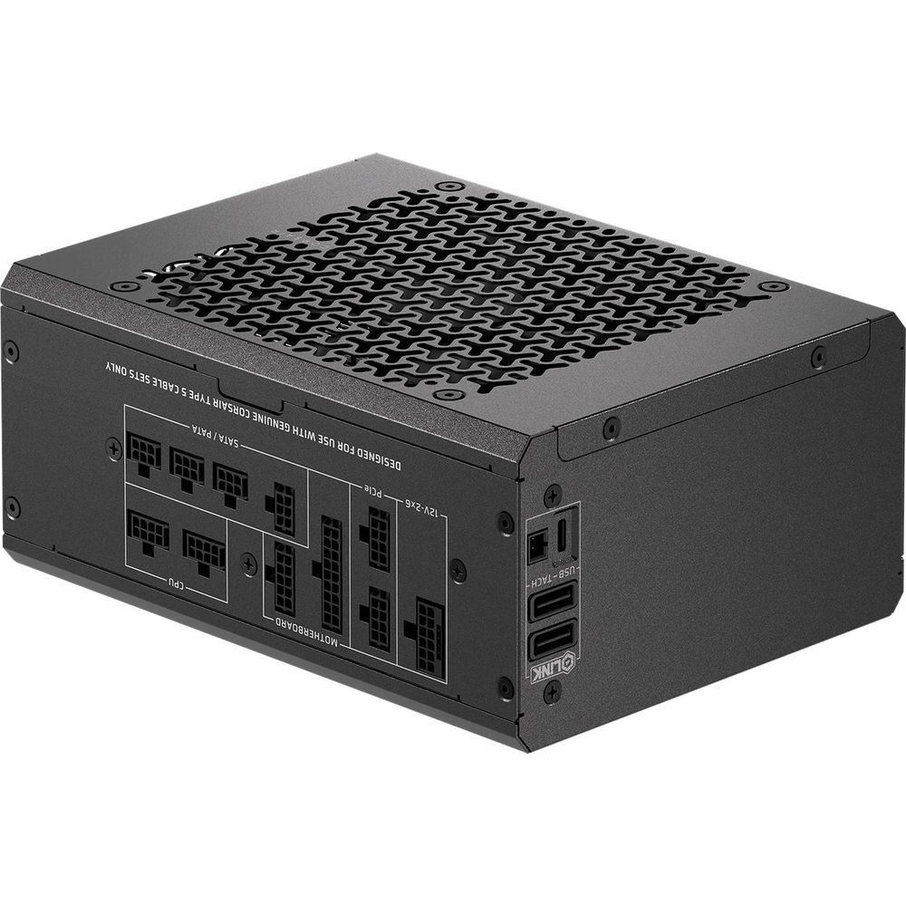 Alimentatore nero con porte per scheda madre, CPU, SATA/PATA, PCIe e USB.