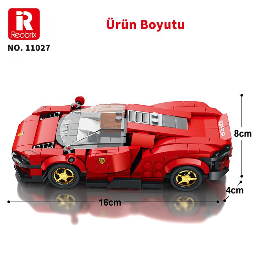 Ein rotes Spielzeugauto mit Maßangaben 16cm lang, 8cm hoch, 4cm breit.