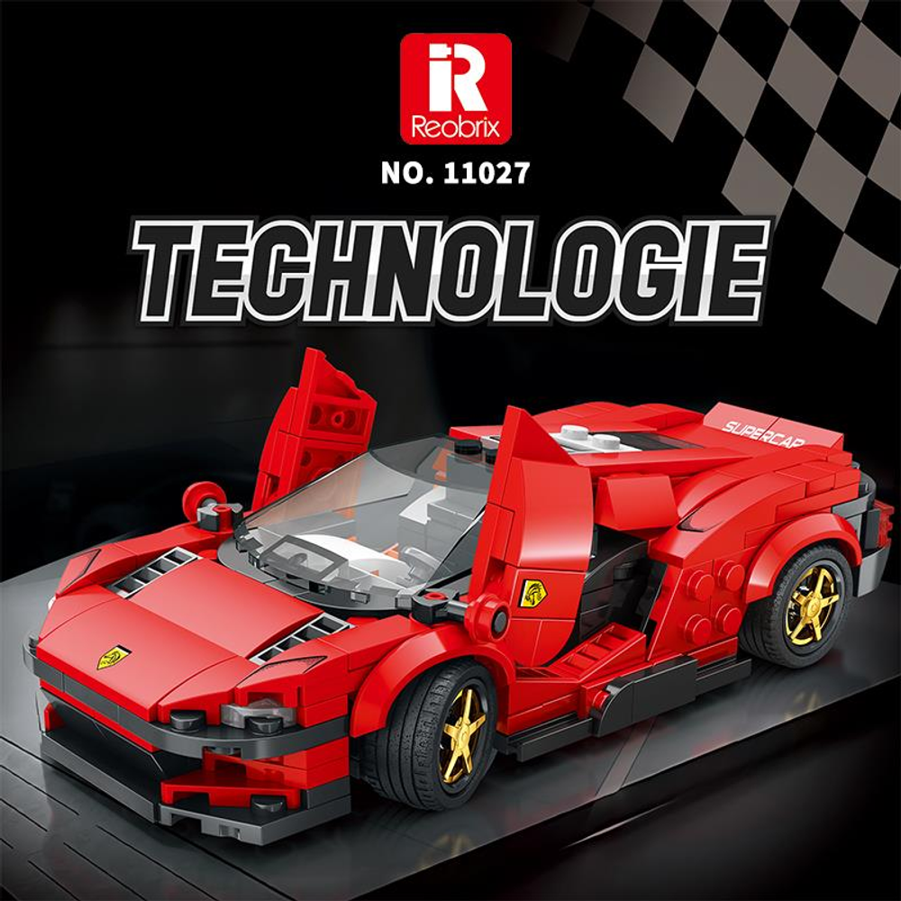 Ein rotes Lego-Sportwagenmodell mit geöffneten Türen, dem Schriftzug "TECHNOLOGIE" und "SUPERCAR".