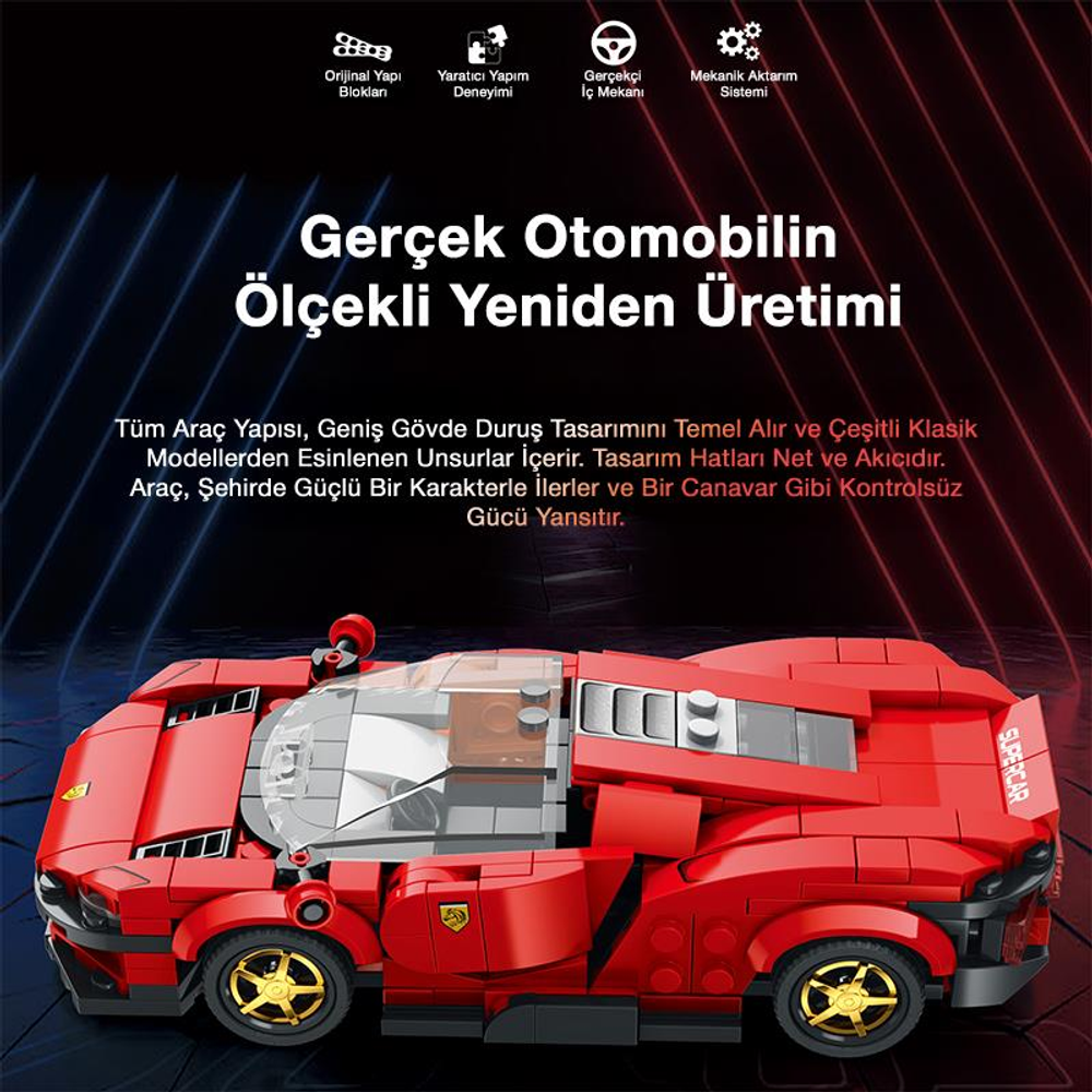 Ein rotes Lego-Sportwagenmodell mit gelben Rädern und der Aufschrift SUPERCAR.