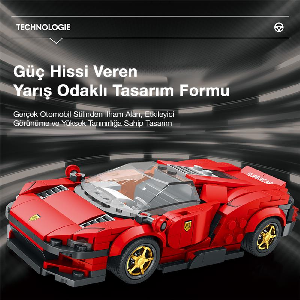 Ein rotes Lego-Rennauto mit goldenen Felgen und transparenter Windschutzscheibe.
