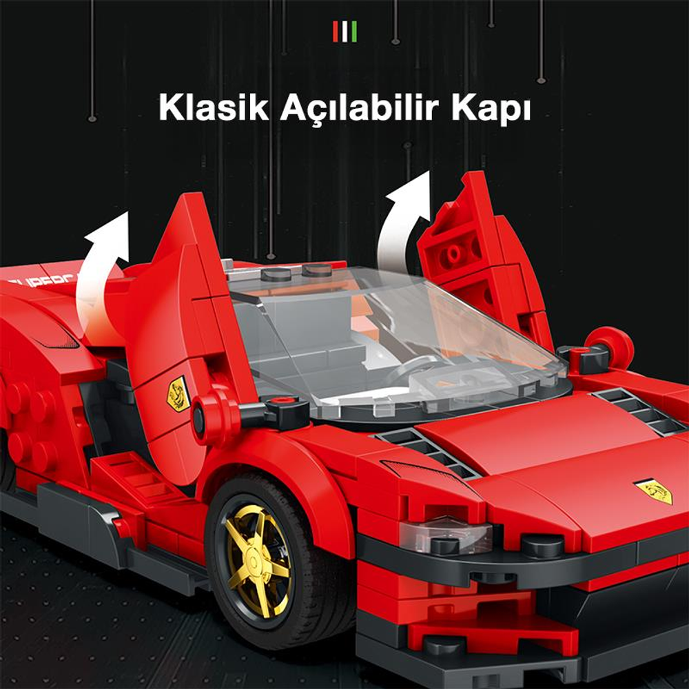 Ein rotes Spielzeugauto mit geöffneten Flügeltüren und weißen Pfeilen, die die Bewegung anzeigen.