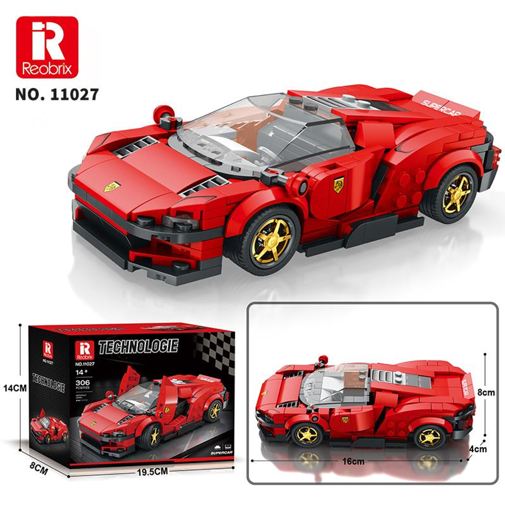 Rotes Klemmbaustein-Supersportwagen-Modell mit goldenen Rädern und transparentem Dach.