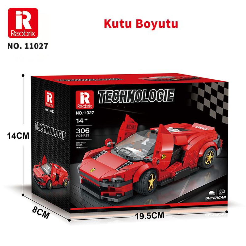 Verpackung eines roten Lego-Sportwagens mit den Maßen 19,5 x 14 x 8 cm.