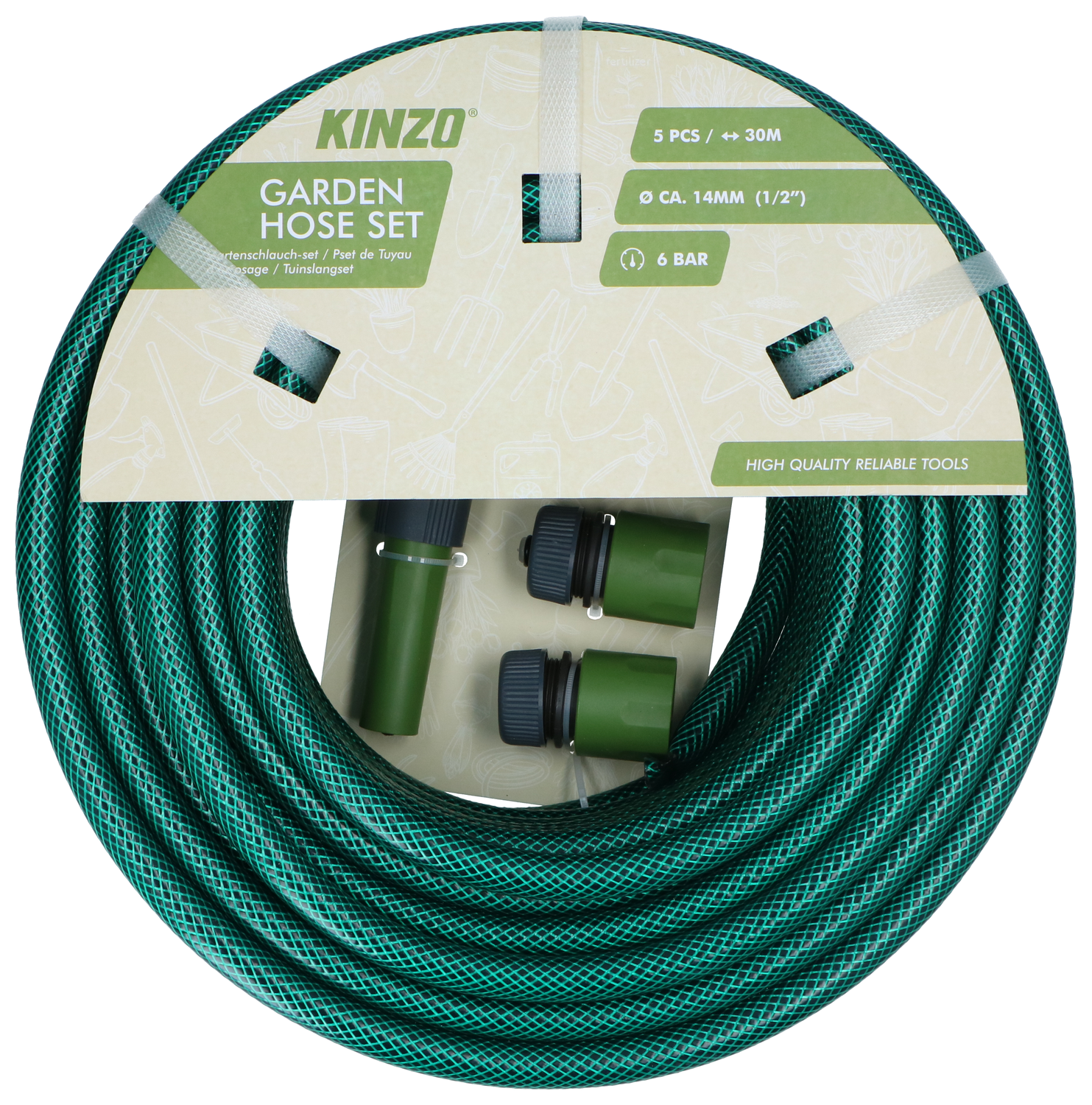 Een groene tuinslang set van Kinzo, 30m lang.