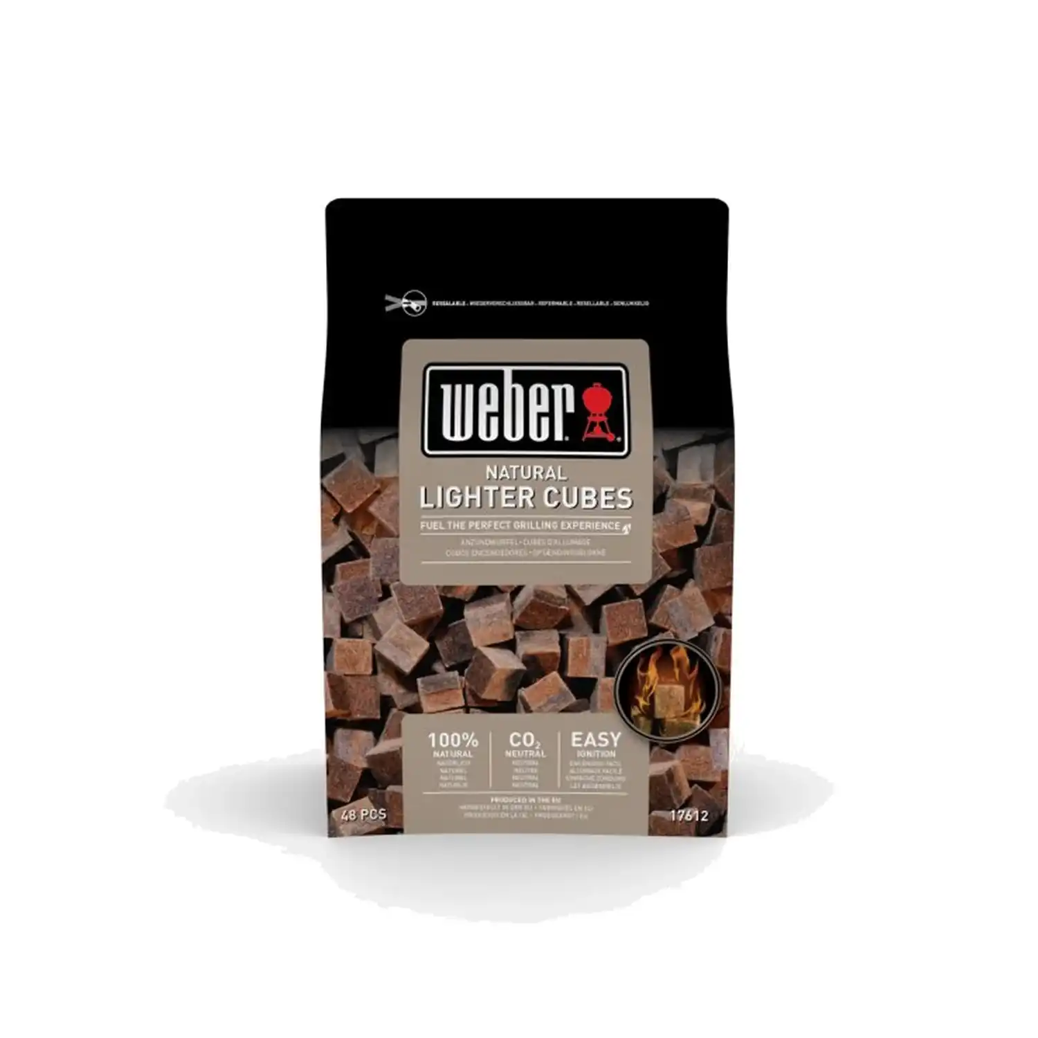 Torba Weber Natural Lighter Cubes, pokazująca kostki i ikony grillowania.