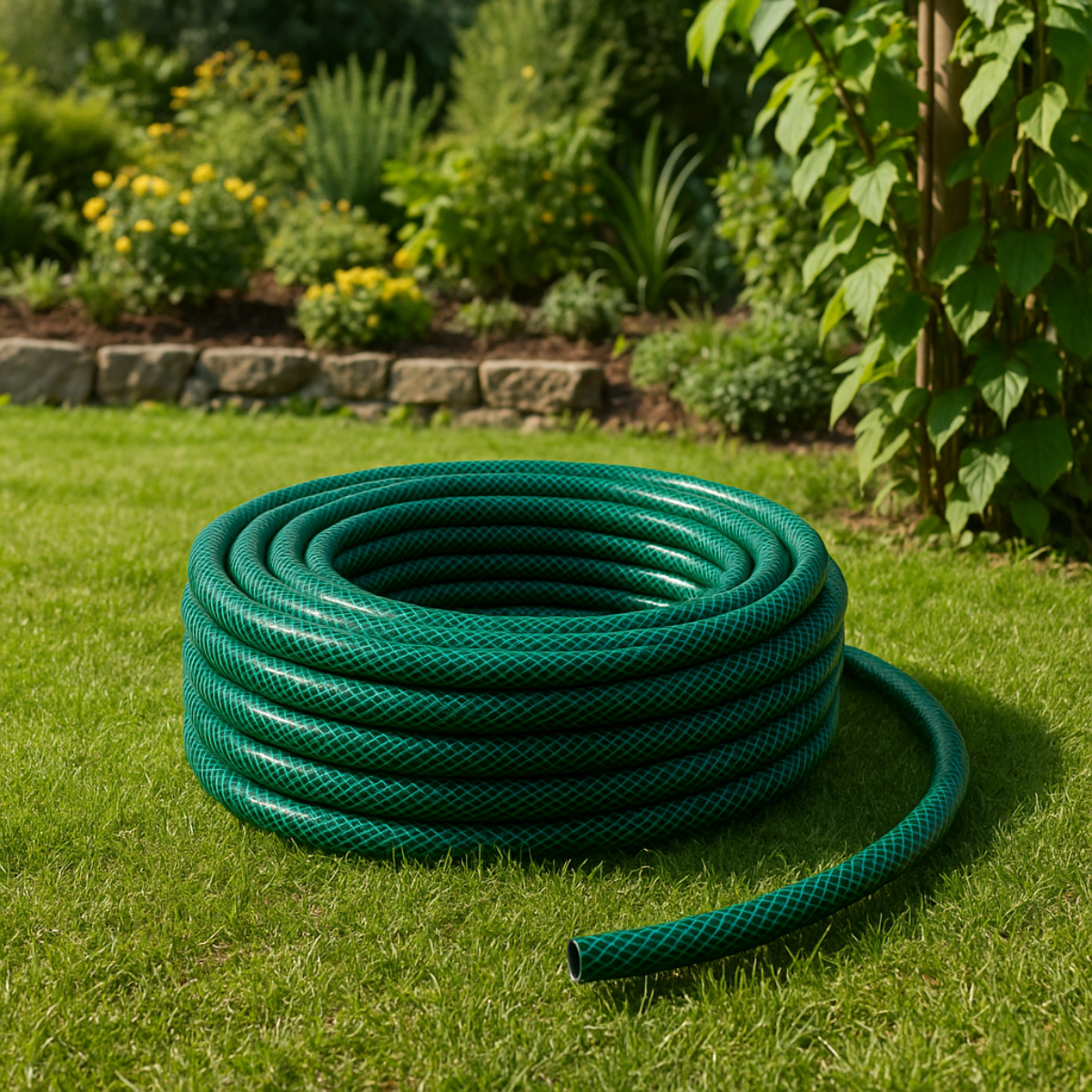 Een opgerolde groene tuinslang ligt op groen gras.