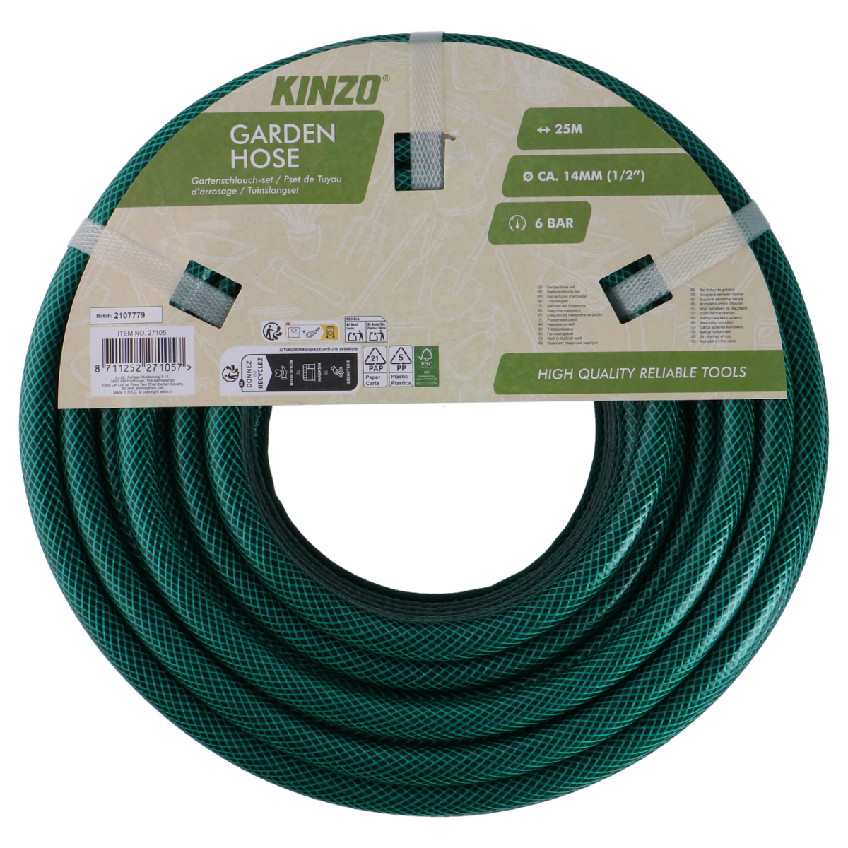 Groene Kinzo tuinslang, 25M lang, 14mm breed, 6 bar druk.