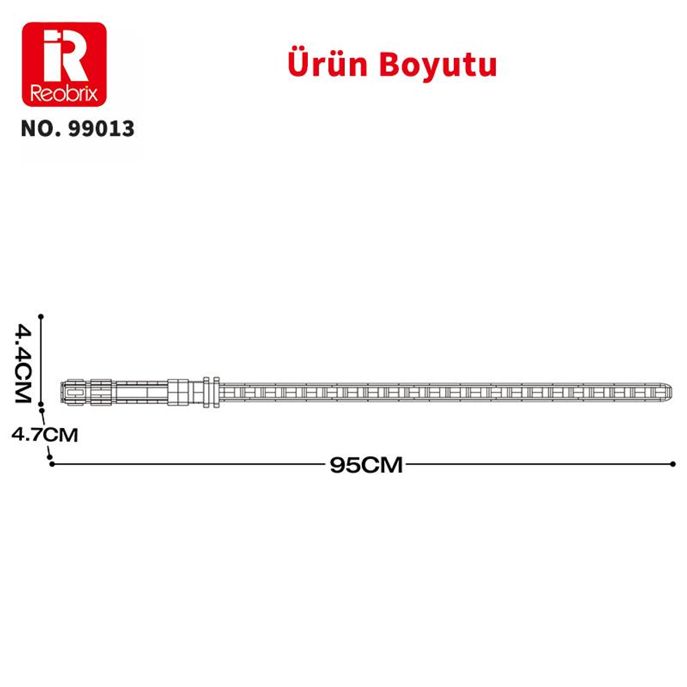 4,4 cm, 4,7 cm ve 95 cm boyutlarında bir nesnenin çizgi çizimi.