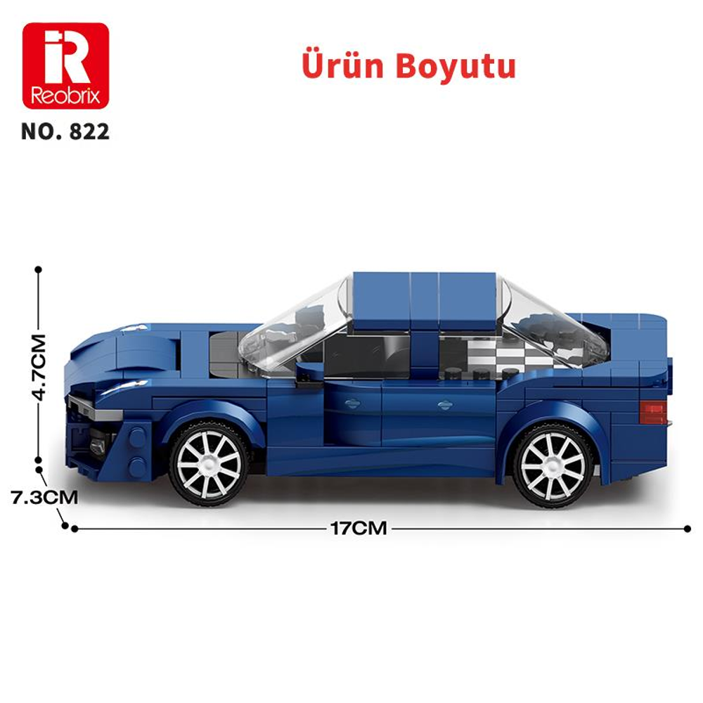 Mavi oyuncak araba boyutları: 4,7cm yükseklik, 7,3cm genişlik, 17cm uzunluk.
