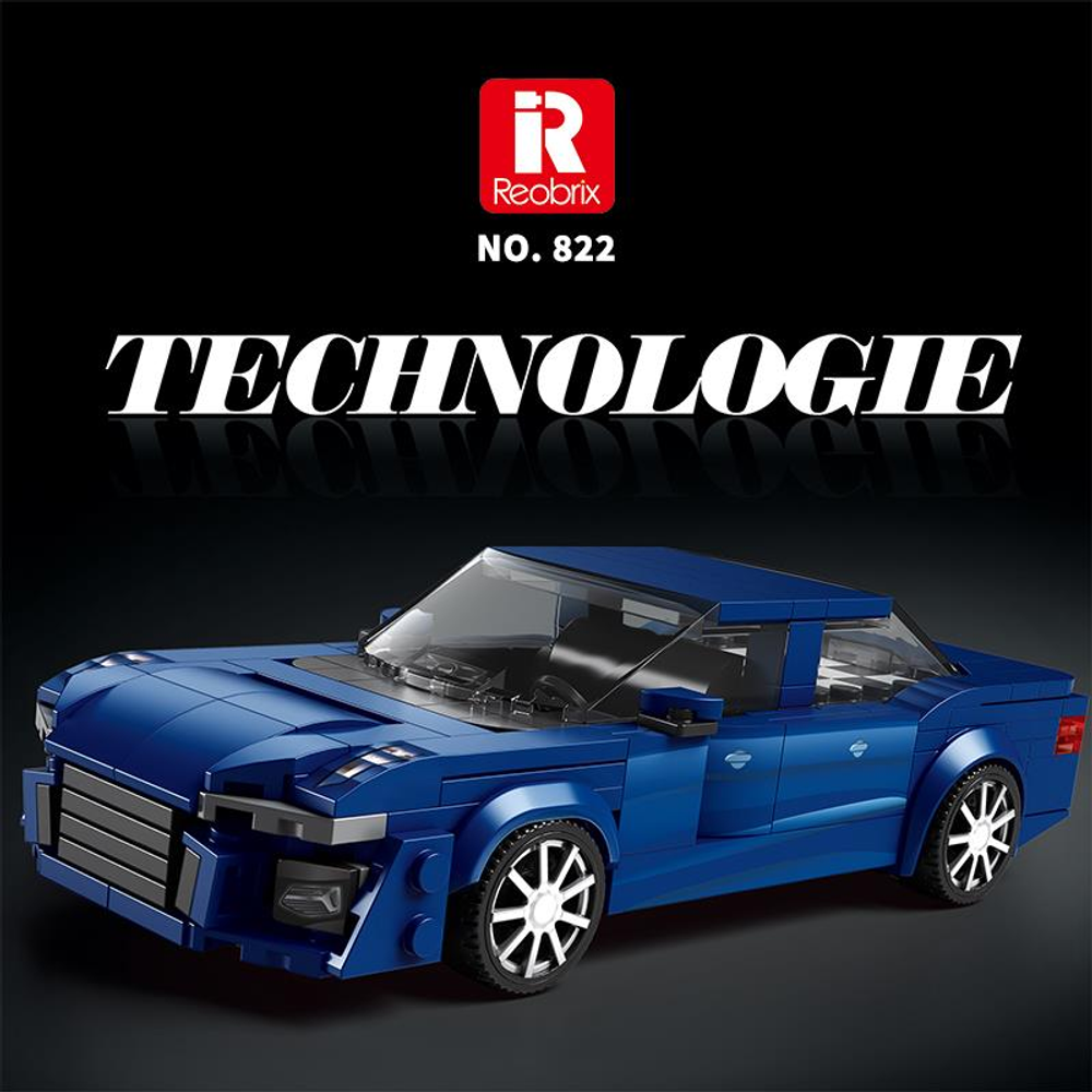 Siyah aksanlı ve beyaz tekerlekli mavi bir Lego spor araba.
