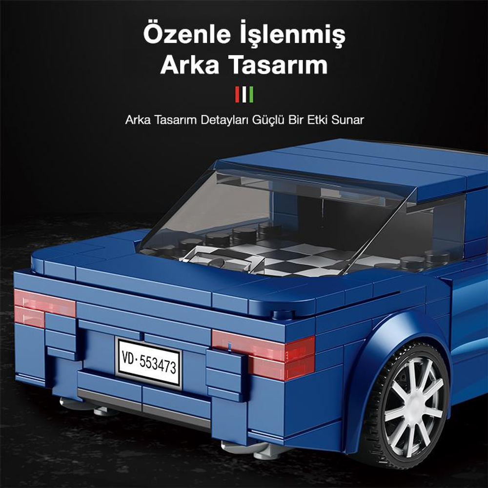VD-553473 plakalı mavi Lego spor araba, damalı iç mekana sahip.