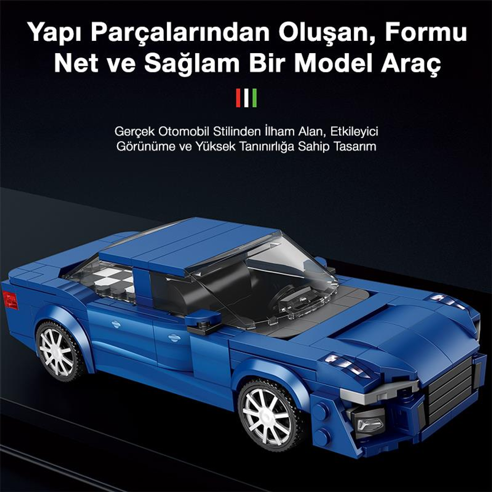 Gerçek otomobillerden esinlenmiş mavi bir tuğla model araba.